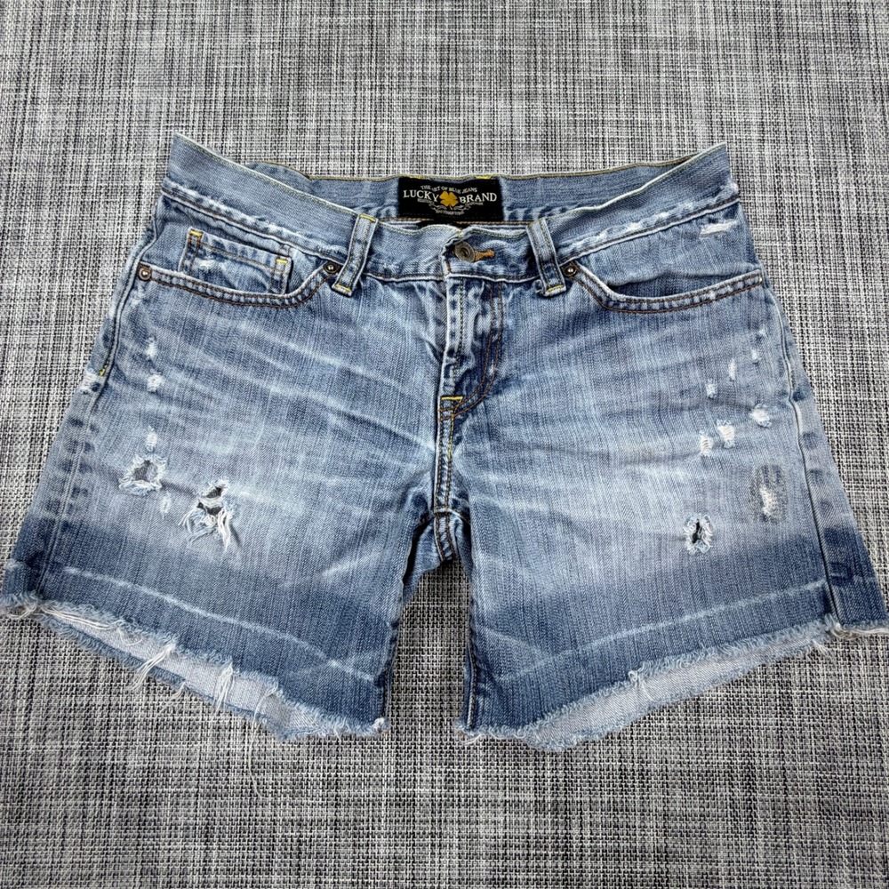 Lucky Brand Womens 2 26 Riley Cut Off Denim Shorts Blue Distressed Frayed Hem
